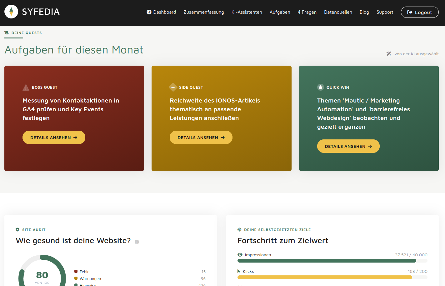 Screenshot SYFEDIA Handlungsempfehlungen